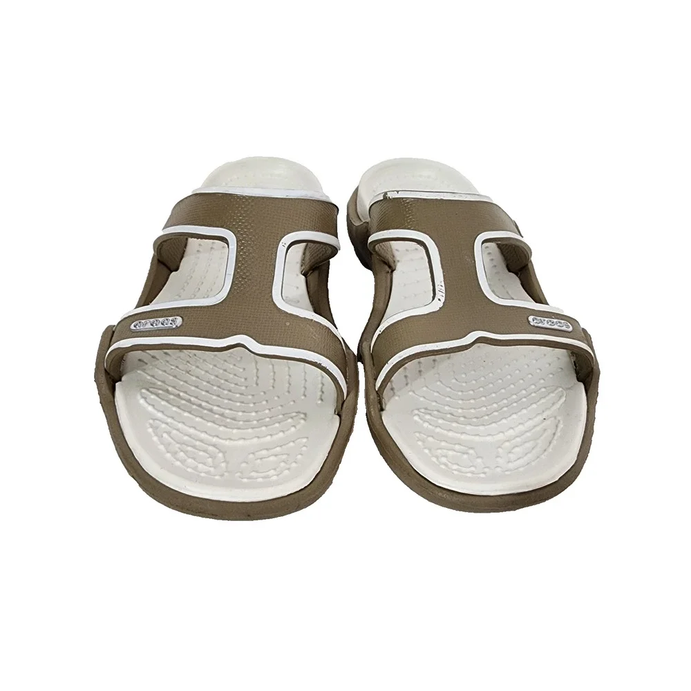 Crocs Women’s Cleo III T Strap Comfort Sandals Slip On Casual White Taupe Size 8